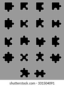 Diverse set of black silhouette puzzles. Piece jigsaw game, part cutout, connect team label. Vector illustration