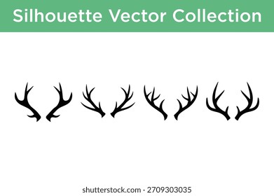 Um conjunto diversificado de galhadas de vetor de silhueta preta de veados e renas, perfeito para a natureza, caça ou desenhos festivos.