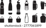 Diverse set of black silhouettes depicting plastic bottles glass milk jugs thermal travel mugs and juice cartons alongside eco friendly shopping bags for product comparison.