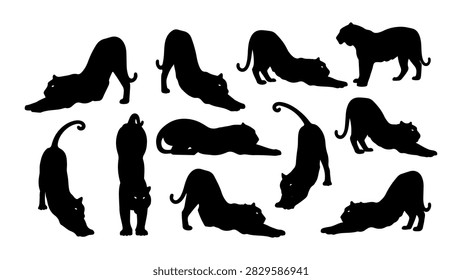 A diverse set of black silhouettes depicting different poses of domestic cats and a lion, showcasing feline agility and stature in a simple style.