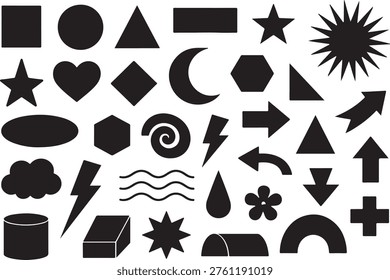A diverse set of black silhouettes featuring a wide variety of geometric shapes, symbols, and icons, including stars, arrows, hearts, lightning bolts, circles, triangles, and abstract forms, arranged in a grid-like layout on a plain white background, suitable for design and educational projects.