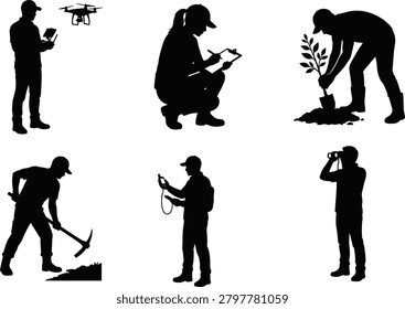 A diverse set of black silhouettes representing professionals in field research, environmental conservation, and technical outdoor industries. These icons are ideal for illustrating science, agriculture, and modern industrial monitoring concepts.

