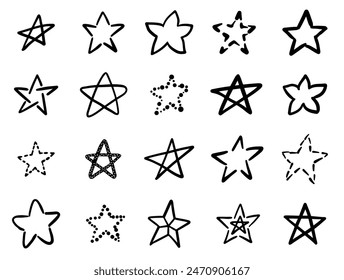 Un conjunto diverso de ilustraciones de garabatos de estrellas negras con diferentes estilos y diseños sobre un fondo blanco, perfecto para proyectos creativos.