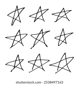 Un conjunto diverso de ilustraciones de garabatos de estrellas negras con diferentes estilos y diseños sobre un fondo blanco, perfecto para proyectos creativos.
