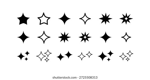 Diverso conjunto de estrellas negras e íconos brillantes, incluyendo Vector de variaciones rellenas y de contorno