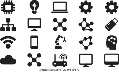 Diverse set of black technology icons illustrating computing, networking, AI, robotics, and cloud concepts for various applications.