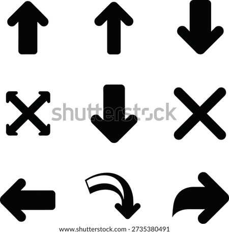 Diverse set of black vector arrow icons for various directions and actions. includes up, down, left, right, and close.
