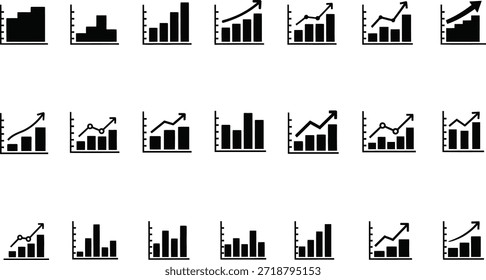 A diverse set of black and white bar graph icons used for data representation and analysis in business and statistics