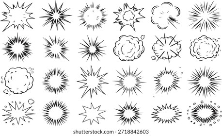 Diverse set of black and white comic explosion bursts and impact effects deliver visual energy. Hand drawn style adds to the dynamic nature of the image on a white background.
