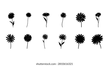 A diverse set of black and white flower silhouettes showcasing different shapes and sizes, ideal for design and artistic projects.