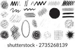 A diverse set of black and white hand-drawn graphic elements including scribbles, lines, circles, and ovals.