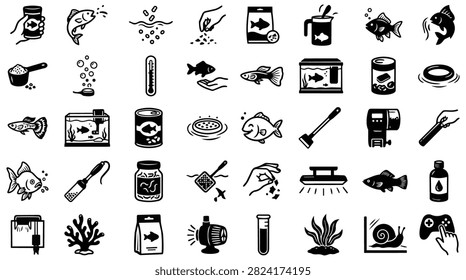 A diverse set of black and white hand-drawn icons illustrating various aspects of fishkeeping and aquarium maintenance.