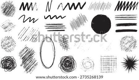 A diverse set of black and white hand-drawn graphic elements including scribbles, lines, circles, and ovals.