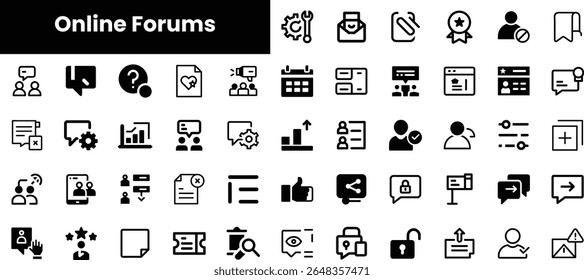 A diverse set of black and white icons depicting various online forum functionalities, including communication, feedback, and data sharing, suitable for modern digital interfaces.