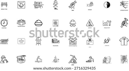 A diverse set of black and white line icons representing labor, construction, and workforce elements