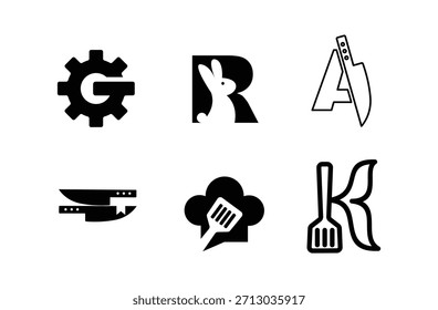 Un conjunto diverso de diseños de logotipos en blanco y negro, mezclando letras con utensilios de cocina, animales y símbolos industriales, ideales para la marca.