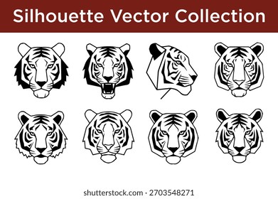 A diverse set of black and white tiger head silhouettes, perfect for logos, mascots, and graphic design projects.