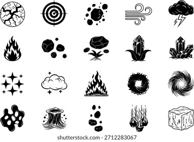 A diverse set of black and white vector icons representing fantasy elements, nature, and abstract concepts.