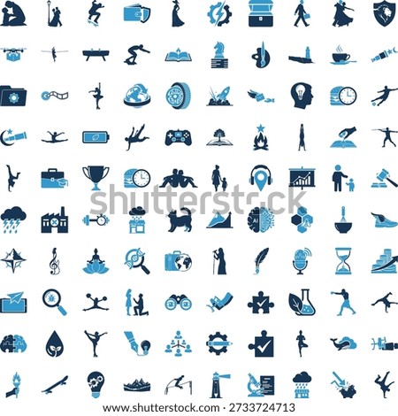 A diverse set of blue icons arranged in rows on a pure white background, featuring various symbols and objects in different shades of blue