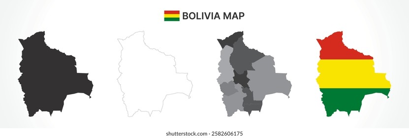 A diverse set of Bolivia maps, including a black silhouette, detailed outline, political division map with departments, and a flag-themed version, ideal for educational and design purposes