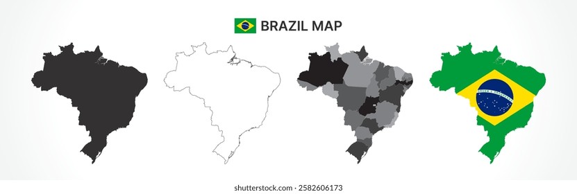 A diverse set of Brazil maps, including a black silhouette, detailed outline, political division map with states, and a flag-themed version, ideal for educational and design purposes