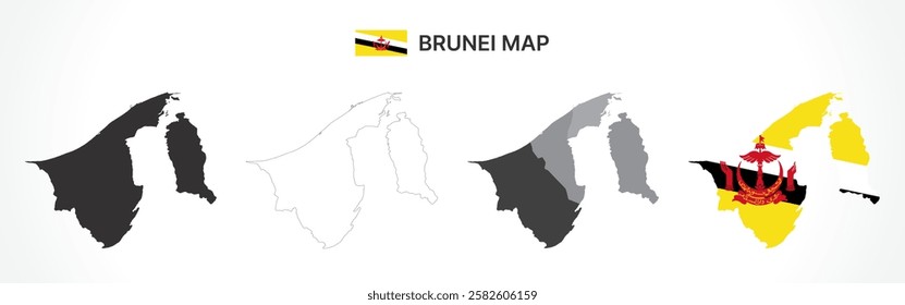 A diverse set of Brunei maps, including a black silhouette, detailed outline, political division map with districts, and a flag-themed version, ideal for educational and design purposes