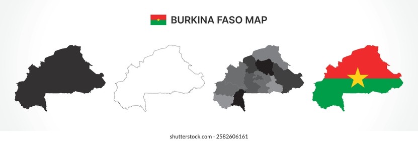 A diverse set of Burkina Faso maps, including a black silhouette, detailed outline, political division map with regions, and a flag-themed version, ideal for educational and design purposes