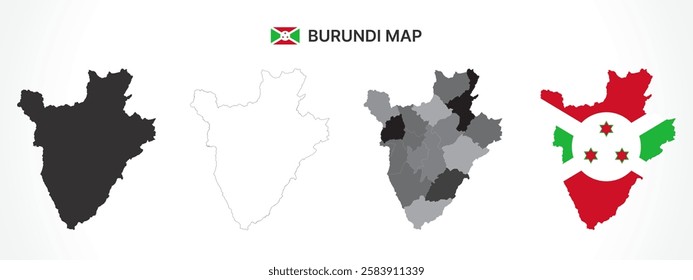 A diverse set of Burundi maps, including a black silhouette, detailed outline, political division map with provinces, and a flag-themed version, ideal for educational and design purposes