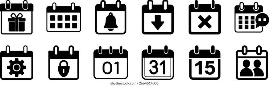 Um conjunto diversificado de ícones de calendário, cada um simbolizando um aspecto diferente de gerenciamento de tempo, agendamento e datas importantes, apresentado claramente em um fundo branco.