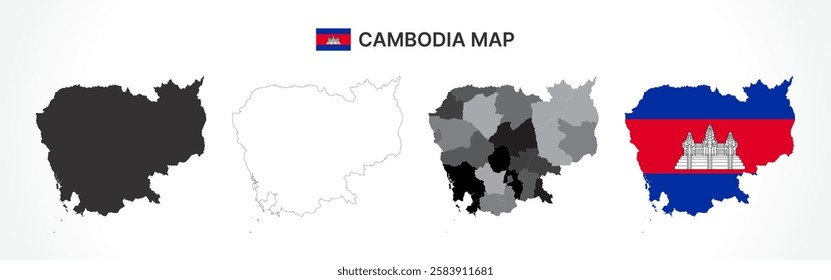 A diverse set of Cambodia maps, including a black silhouette, detailed outline, political division map with provinces, and a flag-themed version, ideal for educational and design purposes