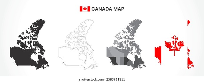 A diverse set of Canada maps, including a black silhouette, detailed outline, political division map with provinces and territories, and a flag-themed version, ideal for educational