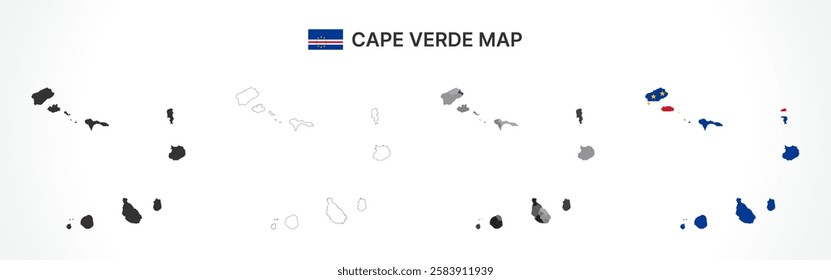 A diverse set of Cape Verde maps, including a black silhouette, detailed outline, political division map with islands, and a flag-themed version, ideal for educational and design purposes