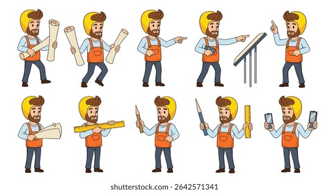 Diverse Set of Cartoon Builder Character Poses and Actions for Construction Projects