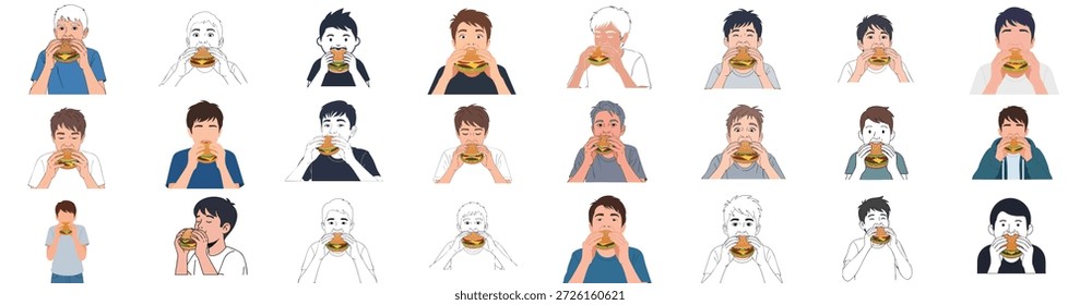 Verschiedene Zeichentrickillustrationen mit jungen Männern und Jungen, die eifrig große Hamburger essen und verschiedene Stimmungen und künstlerische Stile für Fast-Food-Themen zeigen.