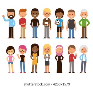 Diverse Set Of Cartoon People. Men And Women Of All Ages And Lifestyles. Cute Geometric Flat Style.