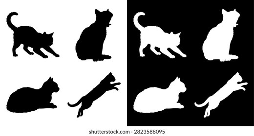 A diverse set of cat silhouettes showcasing different postures and movements, emphasizing feline elegance and agility in black and white.
