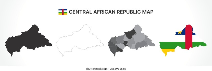 A diverse set of Central African Republic maps, including a black silhouette, detailed outline, political division map with prefectures, and a flag-themed version, ideal for educational