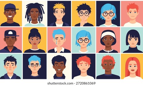 Diverso conjunto de avatares de personagens mostrando várias emoções humanas e expressões como tristeza, felicidade e sentimentos neutros em uma grade.