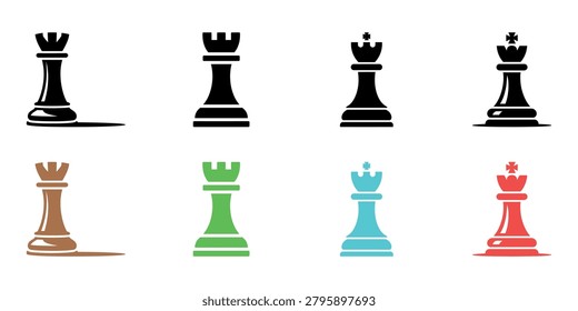 A diverse set of chess pieces in black white brown green blue and red featuring kings queens and rooks