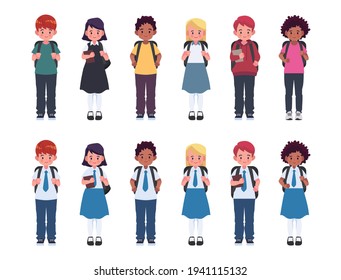 Diverse set of children with backpacks in school uniform and casual clothes. Cute cartoon simple flat vector style. Back to school illustration.