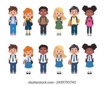 Conjunto diverso de niños con mochilas en uniforme escolar y ropa casual. Lindo dibujo animado simple estilo de vector plano. Ilustración de vuelta a la escuela.