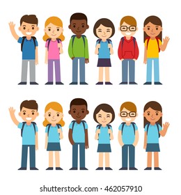 Diverse set of children with backpacks in school uniform and casual clothes. Cute cartoon simple flat vector style. Back to school illustration.