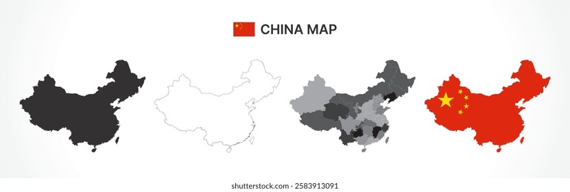 A diverse set of China maps, including a black silhouette, detailed outline, political division map with provinces, and a flag-themed version, ideal for educational and design purposes