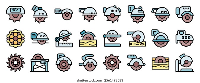 Diverse set of circular saw blades, featuring various sizes, designs, and accompanying equipment for woodworking and metalworking applications