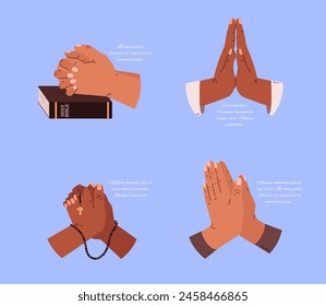 Diverse set of clasped hands for prayer with religious symbols, book, and rosary. Vector illustration reflects faith, spirituality, and religion.