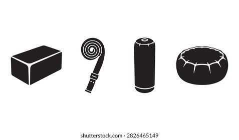 A diverse set of cleaning tools including a sponge, scrub brush, cylindrical sponge, and a porous cleaning pad, used for household cleaning and scrubbing tasks.