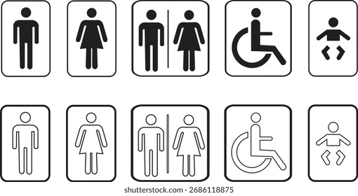 A diverse set of clear pictograms representing gender neutral and accessible restrooms plus family facilities, perfect for signage and wayfinding applications.