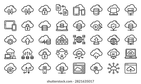 A diverse set of cloud computing icons representing data storage security and network connections