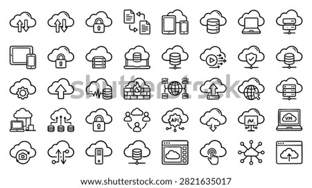 A diverse set of cloud computing icons representing data storage security and network connections