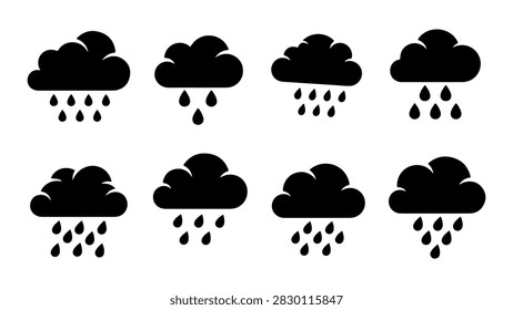 A diverse set of cloud and rain icons depicting different weather conditions for design and weather forecasting purposes.